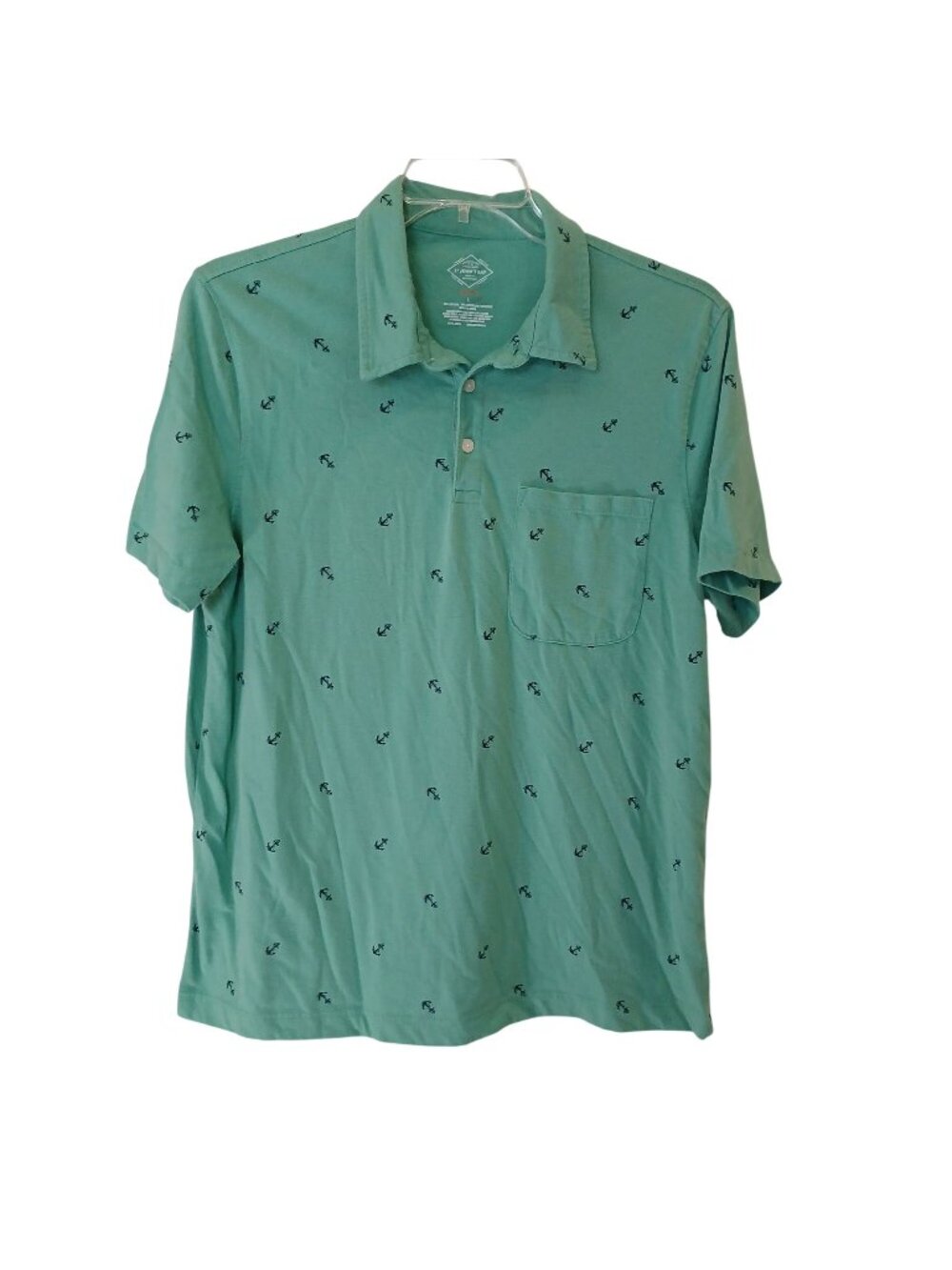 St. Johns Bay Mens L Shirt Green Anchor Print Polo Super Soft Classic Fit #D-30